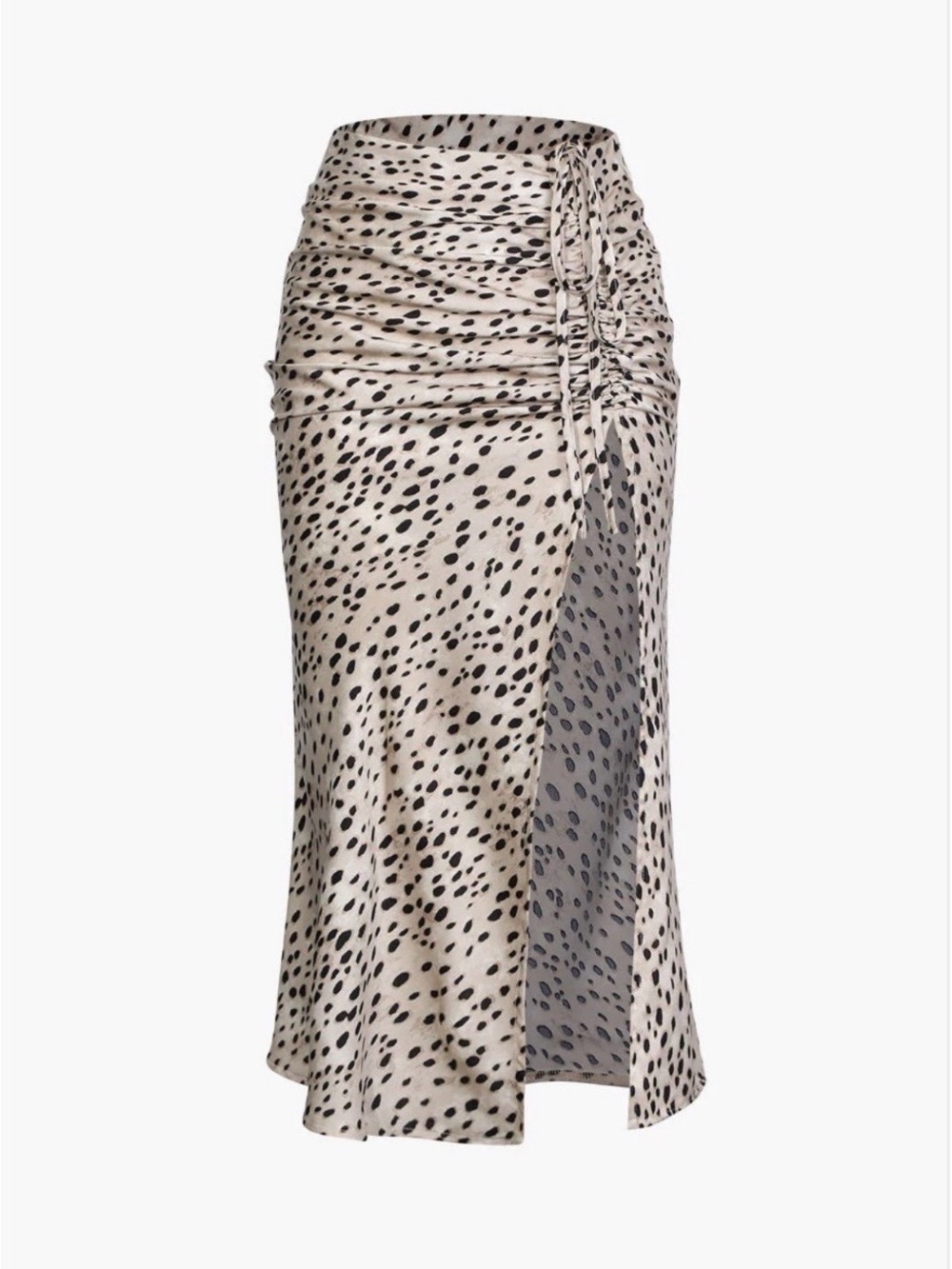 Ruched High-Slit Midi Skirt in Cream with Black Dalmatian Print